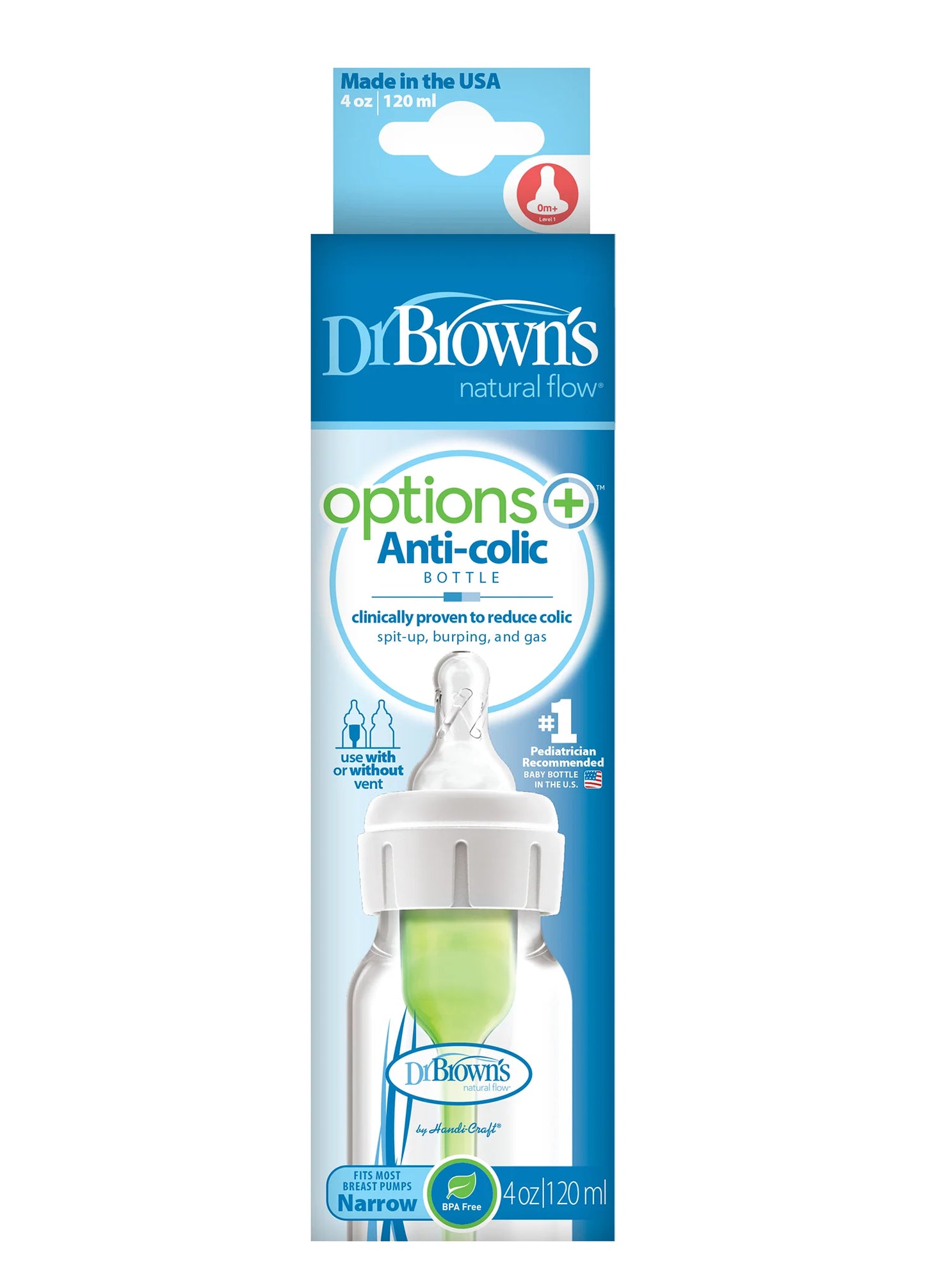 Dr. Brown’s® Dar Ağız Antikolik Options Biberon 120 ml, gaz ve kolik problemi yaşayan bebekler için tasarlanmış antikolik biberon