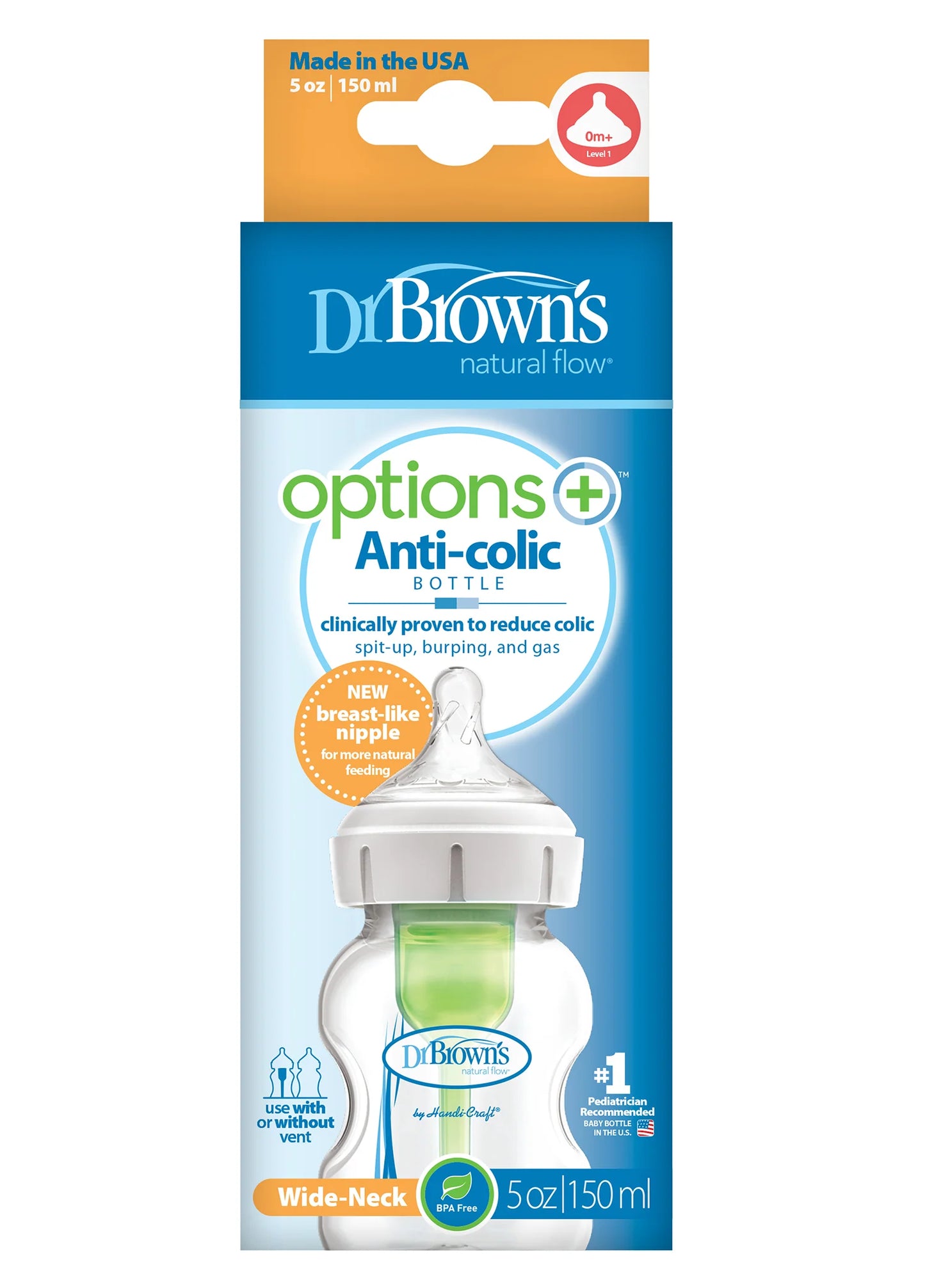 Dr. Brown’s® Antikolik Options Geniş Ağız Biberon 150 ml, gaz ve kolik önleyici özelliklere sahip, doğal beslenme destekleyici biberon