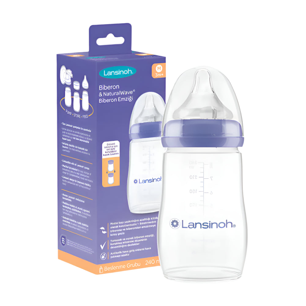 Lansinoh NaturalWave Biberon 240 ml, doğal emme hareketini destekleyen bebek biberonu